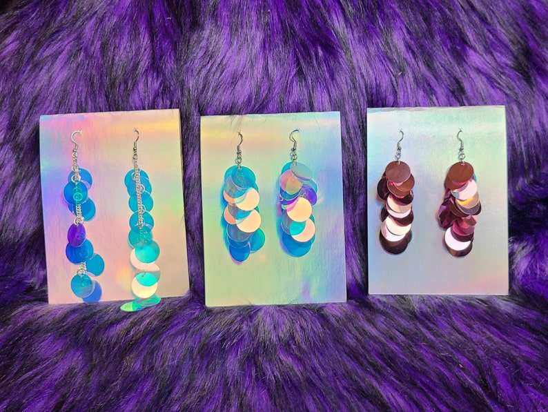 Iridescent Sequin Earrings Iridescent Paillette large Sequins Purple Blue Pink Silver or Rose Gold image 10