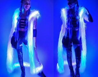 Ice Queen White Velvet Duster| LED Faux Fur Trim with Programmable Lights | Velvet Sleeveless Duster Vest | Festival Rave NYE Burning Man