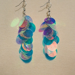 Iridescent Sequin Earrings Iridescent Paillette large Sequins Purple Blue Pink Silver or Rose Gold image 9