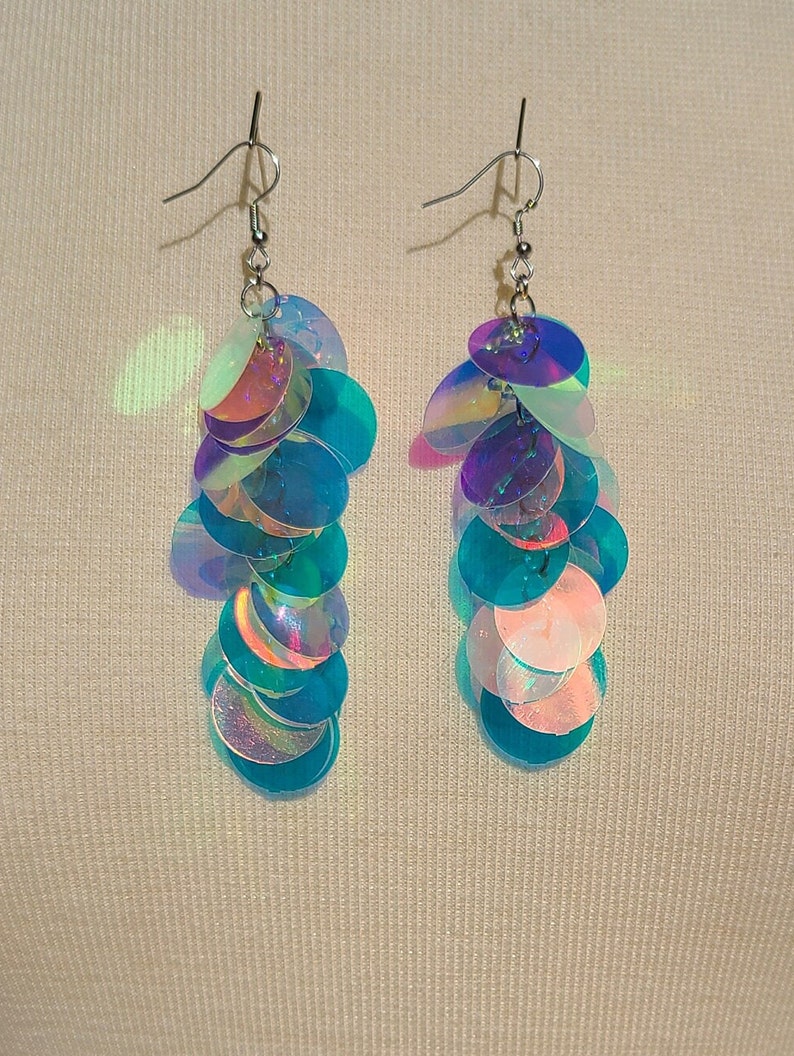 Iridescent Sequin Earrings Iridescent Paillette large Sequins Purple Blue Pink Silver or Rose Gold image 9