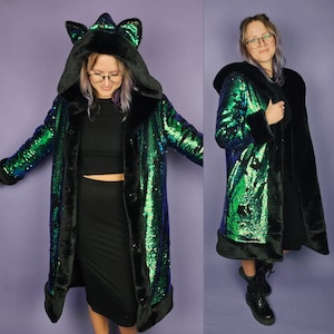 Sequin and Faux Fur Coat | Iridescent Sequin & Faux Fur Festival Coat | Festival | Burning Man | Rave
