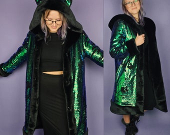 Sequin and Faux Fur Coat | Iridescent Sequin & Faux Fur Festival Coat | Festival | Burning Man | Rave