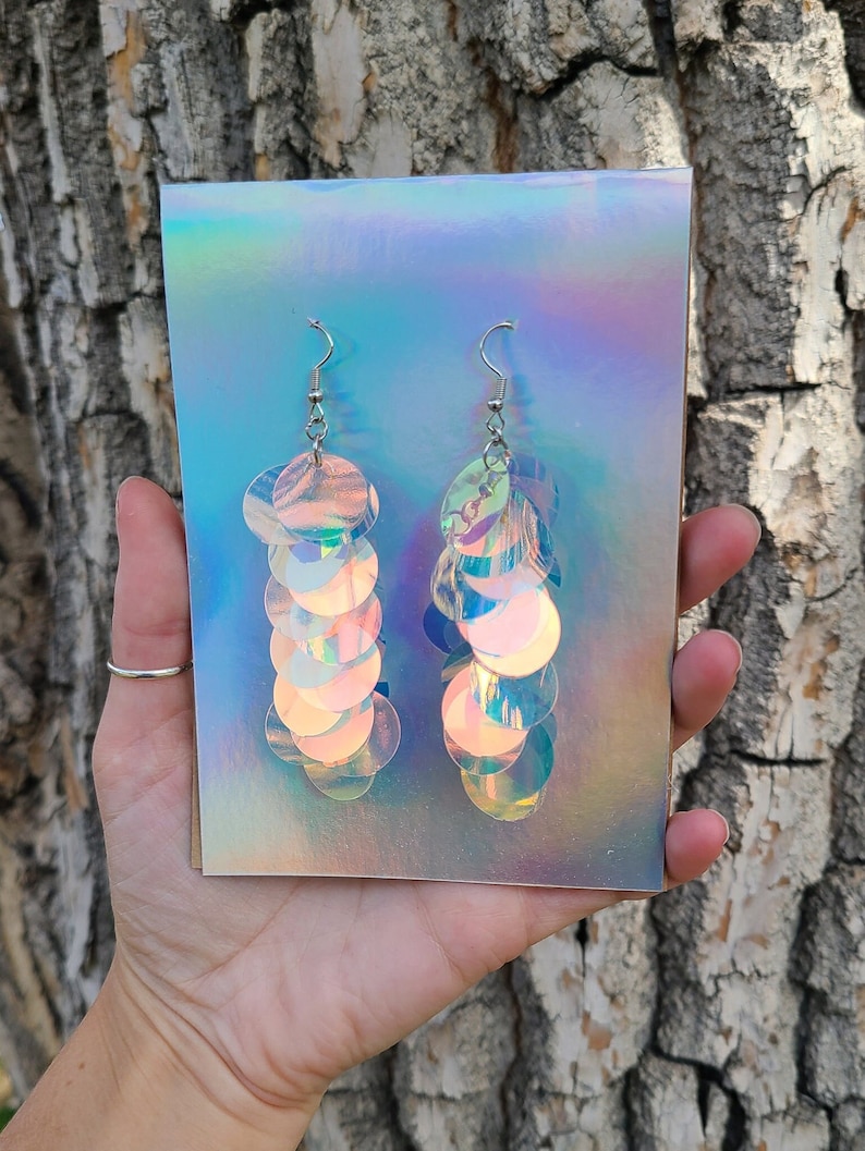 Iridescent Sequin Earrings Iridescent Paillette large Sequins Purple Blue Pink Silver or Rose Gold image 3