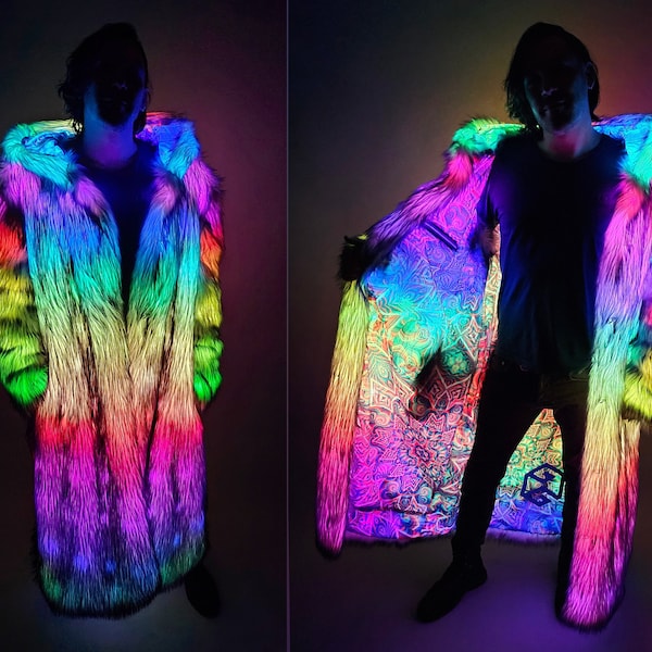Custom LED Faux Fur Festival Coat | Faux Fur Jacket with Programmable Lights | Light-Up Fur Coat | Festival Rave NYE Burning Man