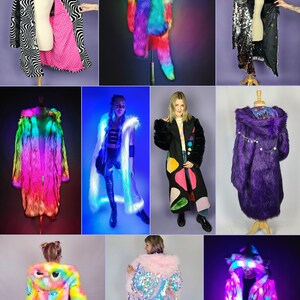May include: Nine different colorful faux fur coats with various designs and colors, including rainbow, pink, black, purple, and white. Some coats have sequins or light-up features.