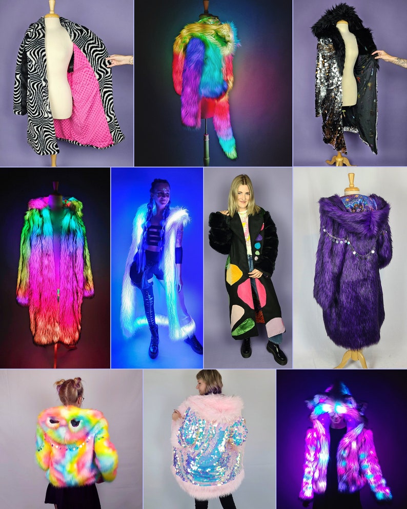 May include: Nine different colorful faux fur coats with various designs and colors, including rainbow, pink, black, purple, and white. Some coats have sequins or light-up features.