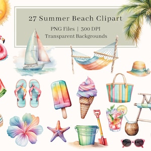 27 Acuarela Summer Beach Clipart, PNG, Paquete, Helado, Paletas, Vacaciones, Anillo de Flamenco, Mar, Sol, Palmeras, Uso Comercial de Arte
