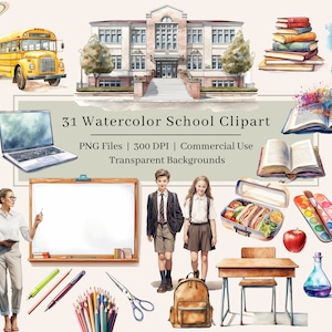 31 Aquarell Schule Clipart, PNG, Zurück zu Schule Clipart, Lehrer Clipart, Schule Bilder Bündel, Schule PNG, kommerzielle Nutzung