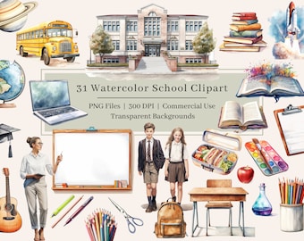 31 Watercolor School Clipart, PNG, Back to School Clipart, Teacher clipart, School Images Bundle, School PNG, Commercial use