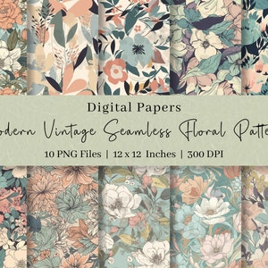 10 papiers numériques à motif floral vintage moderne, papier de scrapbooking, motif transparent, arrière-plan numérique, ensemble de papiers imprimables, usage commercial