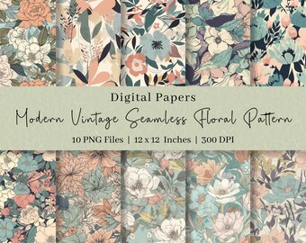 May include: A set of 10 digital papers featuring modern vintage floral patterns in soft pastel colors. The patterns are seamless and can be used for a variety of projects, such as scrapbooking, card making, and digital design.  The papers are 12 x 12 inches and 300 DPI.