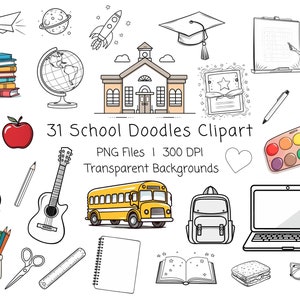 31 School Clipart, PNG, Back to School Clipart, Teacher clipart, School Doodles Images Bundle, School PNG, Doodle, Commercial use