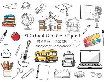 31 School Clipart, PNG, Back to School Clipart, Teacher clipart, School Doodles Images Bundle, School PNG, Doodle, Commercial use