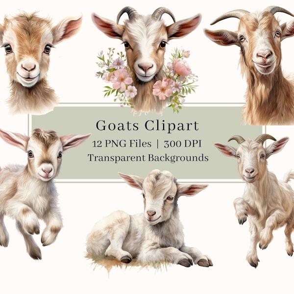 12 Goats Clipart PNG, Watercolor Goat Clipart Bundle, Goat Kids, Baby Goat, Pet, Goat Art, Image Sublimation, Commercial Use