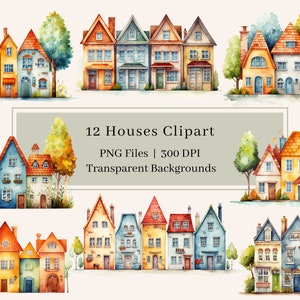 12 Casas Clipart, PNG, Acuarela Nueva Casa Imágenes Prediseñadas, Casa PNG, Fabricación de tarjetas, Ilustración de acuarela casera, Uso comercial