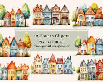 Clipart di 12 case, PNG, Clipart nuova casa dell'acquerello, PNG della casa, creazione di biglietti, illustrazione dell'acquerello della casa, uso commerciale