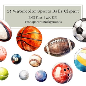14 imágenes prediseñadas deportivas de acuarela, PNG, imágenes prediseñadas de pelotas deportivas, béisbol, fútbol, baloncesto, pelota de fútbol, golf, paquete, uso comercial