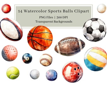 Watercolor Sports Balls Clipart: PNG Bundle (Commercial Use)