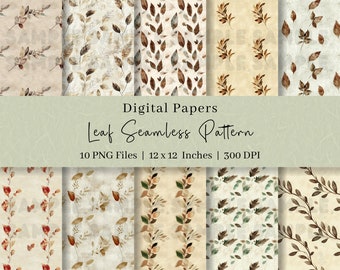 10 Leaf Digital Papers, Watercolor Scrapbook Paper, Seamless Pattern, Digital Background, Printable Paper Set, Floral Leaves, Commercial Use