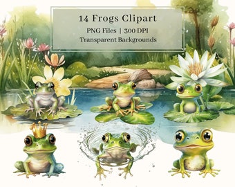 Watercolor Frog Clipart Bundle: Frog Prince Art, PNG Files (Digital Download)