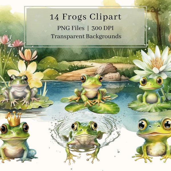 14 Frog Clipart, PNG, Watercolor Frogs Clipart Bundle, Frog Art, Frog Prince Clipart, Sublimation, Commercial Use