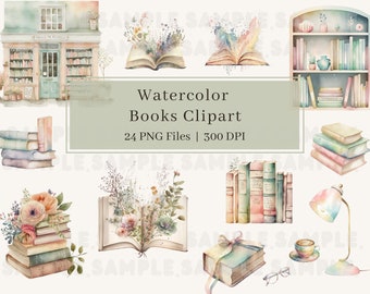 24 Books Clipart, PNG, Watercolor Book Clipart, Floral Books, Reading Clipart, Bundle, Commercial Use