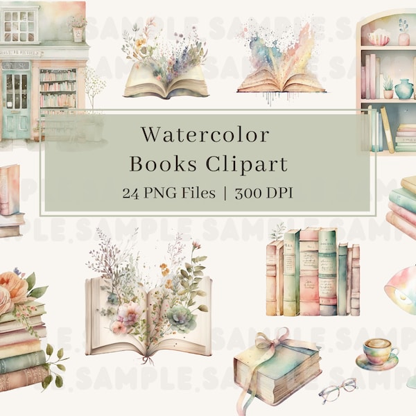 24 Books Clipart, PNG, Watercolor Book Clipart, Floral Books, Reading Clipart, Bundle, Commercial Use