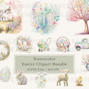 20 Aquarell Ostern Clipart, PNG, Osterei Clipart, Osterhase, Osterküken, Osterbaum, Osterblumen Bauernhof Clipart, kommerzielle Nutzung
