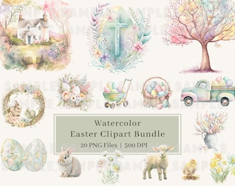 20 Clipart de Páscoa em aquarela, PNG, Clipart de ovo de Páscoa, Coelhinho da Páscoa, Pintinho da Páscoa, Árvore de Páscoa, Clipart de fazenda de flores de Páscoa, uso comercial