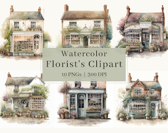 10 Clipart med blomsteraffär, PNG, akvarell, butik, blomsteraffär, blommig akvarell illustration, kommersiellt bruk, scrapbooking