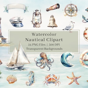 24 cliparts nautiques aquarelle, PNG, mer, océan Clipart, Clipart voile, art mural déco côtière, vagues des cliparts, usage Commercial