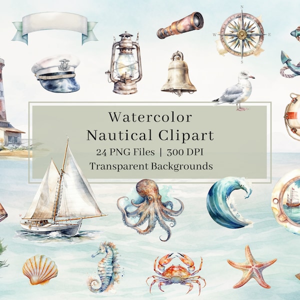 24 cliparts nautiques aquarelle, PNG, mer, océan Clipart, Clipart voile, art mural déco côtière, vagues des cliparts, usage Commercial