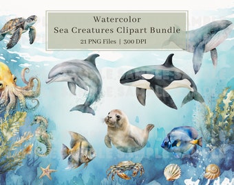 Puede incluir: Conjunto de imágenes prediseñadas de criaturas marinas en acuarela, que incluye una tortuga, un pulpo, un delfín, una orca, una foca, un pez, un caballito de mar, un cangrejo y conchas marinas. 21 archivos PNG, 300 DPI.