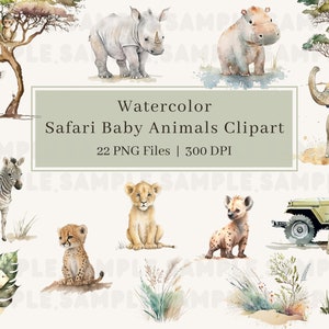 Aquarela Safari Animals Clipart, PNG, Baby Safari Animals: Elefante, Macaco, Hipopótamo, Leão, Girafa para Decoração de Festa Infantil, Scrapbooking