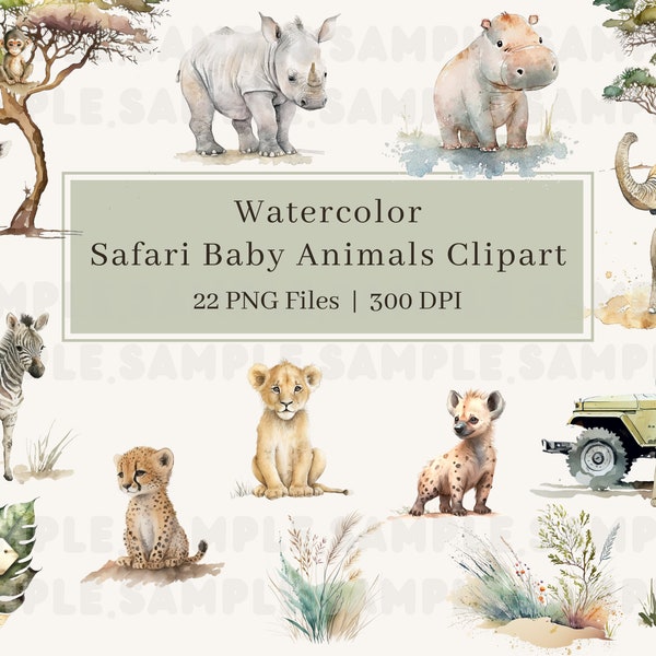 Watercolor Safari Animals Clipart, PNG, Baby Safari Animals: Elephant, Monkey, Hippo, Lion, Giraffe for Kids Party Decor, Scrapbooking