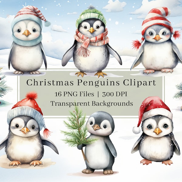 16 Christmas Penguin Clipart PNG, Watercolor Christmas Penguins Clip art, Xmas Penguin, Christmas Card, Image Sublimation, Commercial Use