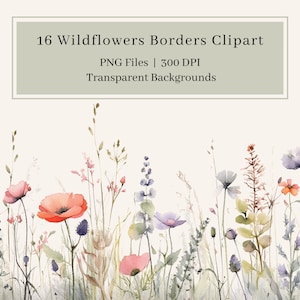 16 fleurs sauvages bordures Clipart, PNG, Clipart fleurs aquarelle, illustration florale, fleurs sauvages, art mural, faire-part de mariage, usage Commercial