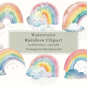 Rainbow Clipart PNG, Nursery Wall Art, Pastel Rainbow Clipart, Cloud Clipart, Rain Clipart, Scrapbooking, Commercial Use