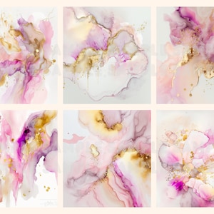May include: Six abstract art prints featuring pink, purple, and gold watercolour-like designs. The prints have a white background and are arranged in a grid.