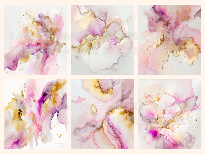 May include: Six abstract art prints featuring pink, purple, and gold watercolour-like designs. The prints have a white background and are arranged in a grid.