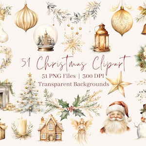 51 imágenes prediseñadas navideñas doradas, PNG, imágenes prediseñadas navideñas en acuarela, imágenes navideñas, días festivos, imágenes festivas, Papá Noel, árbol, uso comercial
