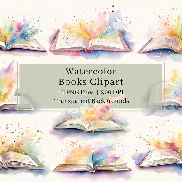 16 Watercolor Books Clipart, PNG, Bundle, Open Book Clipart, Watercolour book Illustration, Reading Clipart, Commercial Use, Scrapbooking
