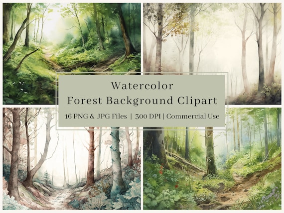 16 Forest Background Clipart, PNG, Watercolor Woodland Background Clipart, Trees, Wall Art, Forest Scene, Hiking Trail, Commercial Use