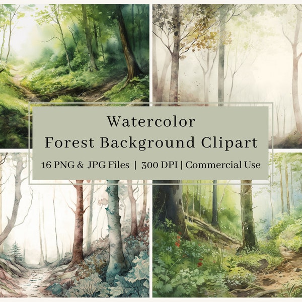 16 Forest Background Clipart, PNG, Watercolor Woodland Background Clipart, Trees, Wall Art, Forest Scene, Hiking Trail, Commercial Use