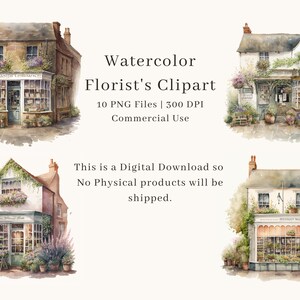 Pu&ograve; includere: Clipart ad acquerello di quattro negozi di fiori con edera verde, fiori e piante. Ogni negozio ha un cartello con il testo "The Village Florist".