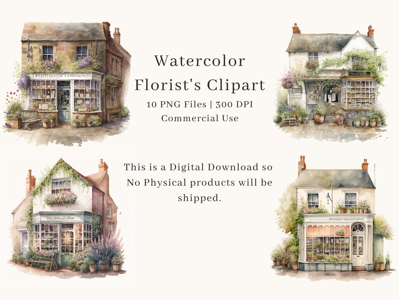 Pu&ograve; includere: Clipart ad acquerello di quattro negozi di fiori con edera verde, fiori e piante. Ogni negozio ha un cartello con il testo "The Village Florist".