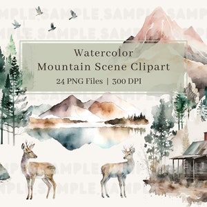 Acquerello paesaggio montano Clipart PNG foresta bosco pini alberi di montagna scena Clip Art digitale matrimonio invito Scrapbooking Bundle
