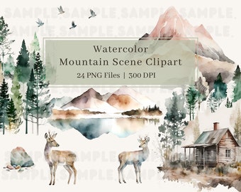 Watercolor Mountain Landscape Clipart PNG Forest Woodland Pine Trees Mountain Scene Clip Art Digital Wedding Invitation Scrapbooking Bundle