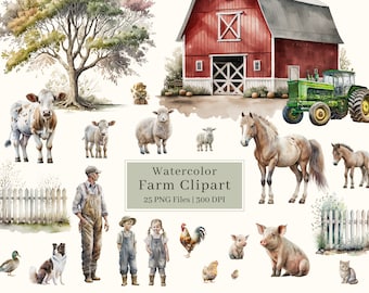 26 Watercolor Farm Animals Clipart, PNG, Farm Clipart, Nursery Wall Art, Cow, Horse, Pig, Chicken, Animal Clipart, Farmyard, Commercial Use