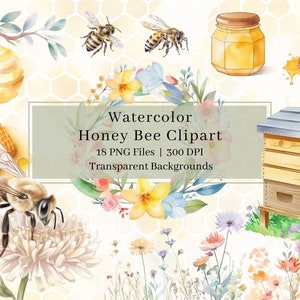 18 aquarel Honey Bee Clipart, PNG, Spring Garden Bee Honey Drips illustraties, honingbijen illustratie, bloemen, kaart maken, commercieel gebruik